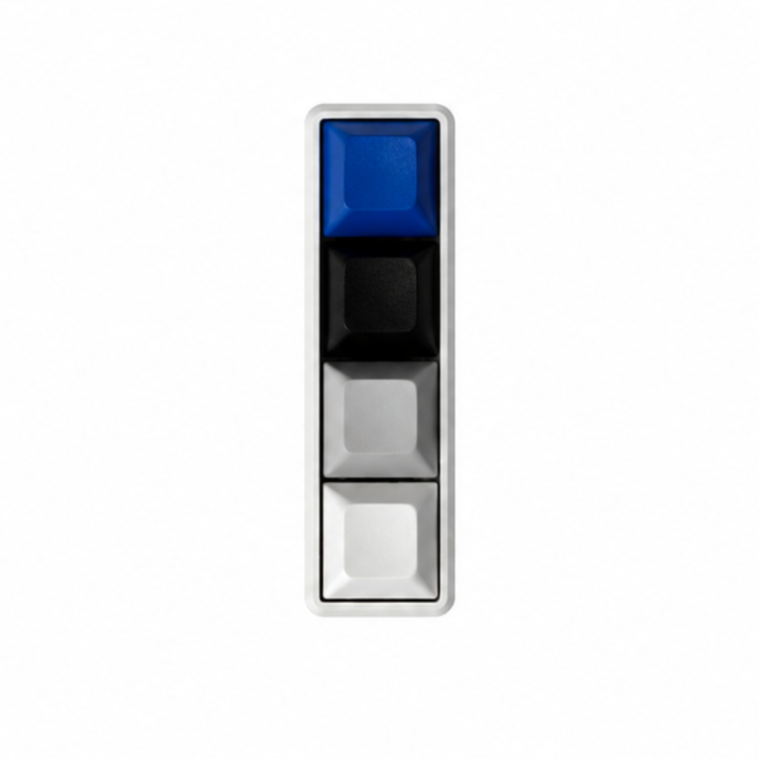 The Classic 4-key bar fidget with dark blue, black, grey, and white keycaps on a white base.
