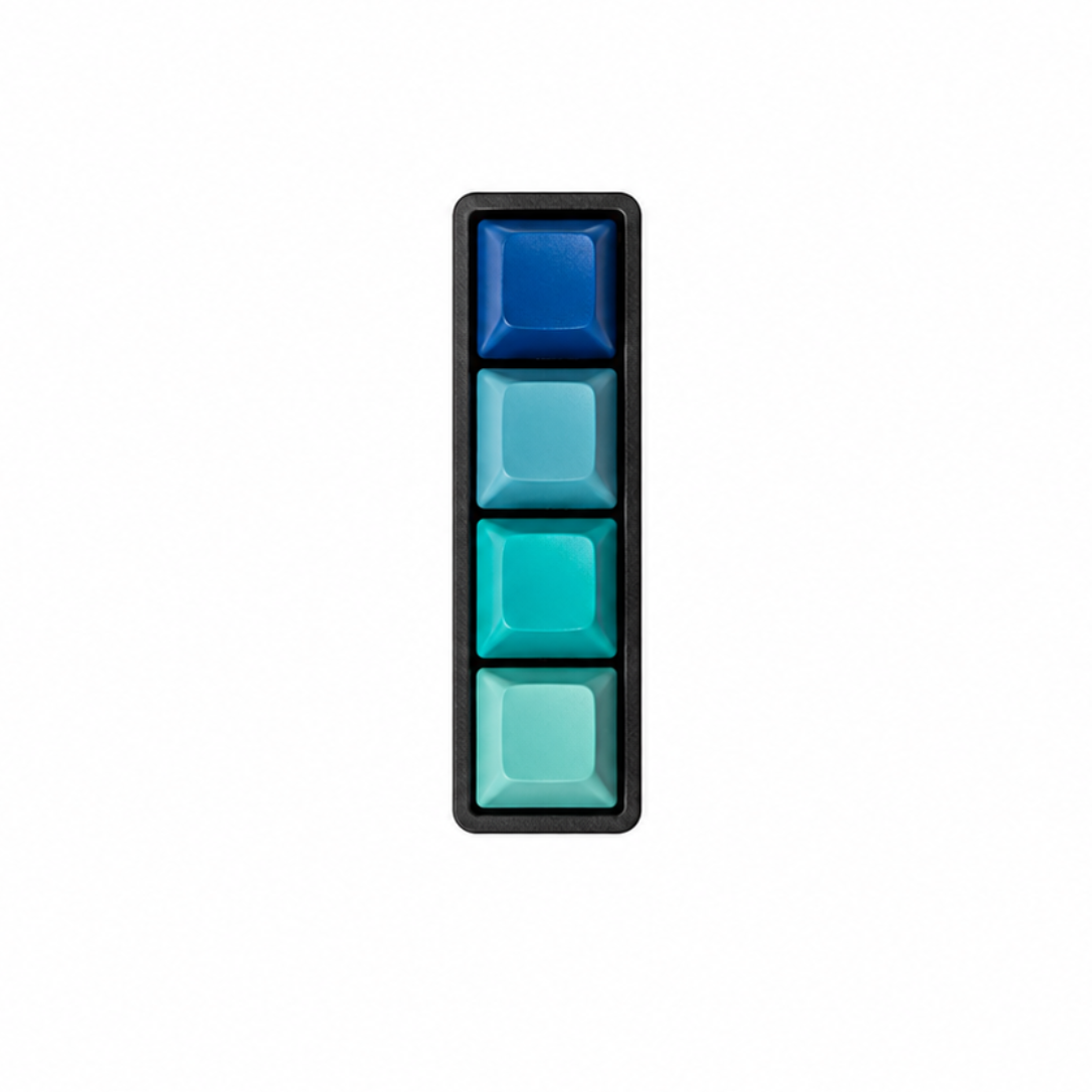 The Classic 4-key bar fidget with dark blue, light blue, lake blue, and cyan keycaps on a black base.