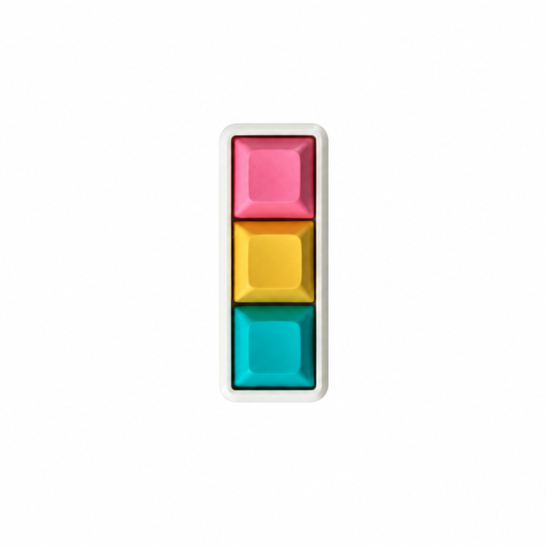 The Mini 3-key fidget in Electric Splash, with pink, yellow, and lake blue keycaps and a white base.