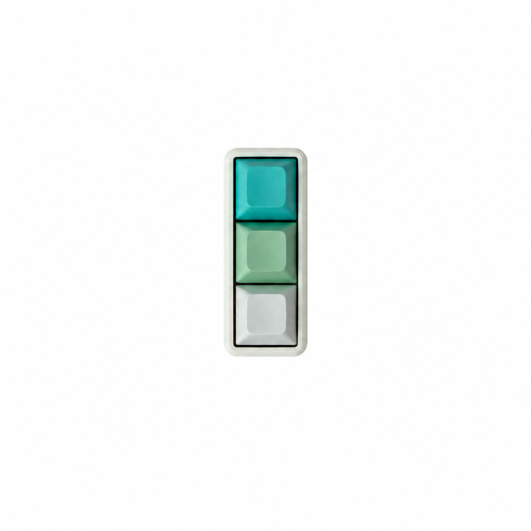The Mini 3-key fidget in Sea Breeze, with cyan, light green, and white keycaps and a white base.