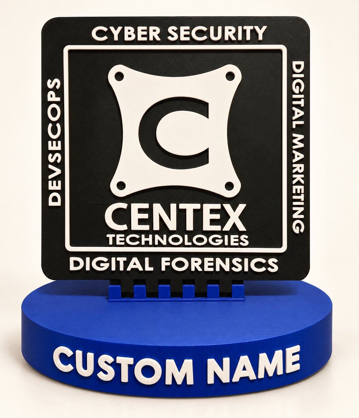 Centex Technologies award with a round blue base and Custom Name lettering.