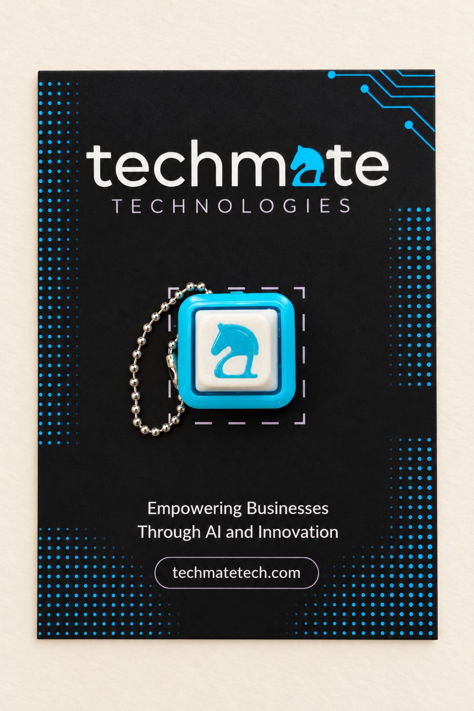 Techmate Technologies single-key branded fidget with coordinated backing card