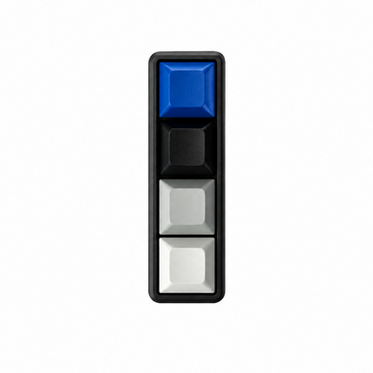 The Classic 4-key bar fidget with dark blue, black, grey, and white keycaps on a black base.