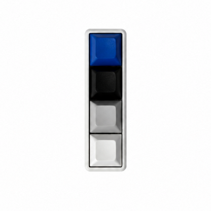 The Classic 4-key bar fidget with dark blue, black, grey, and white keycaps on a white base.