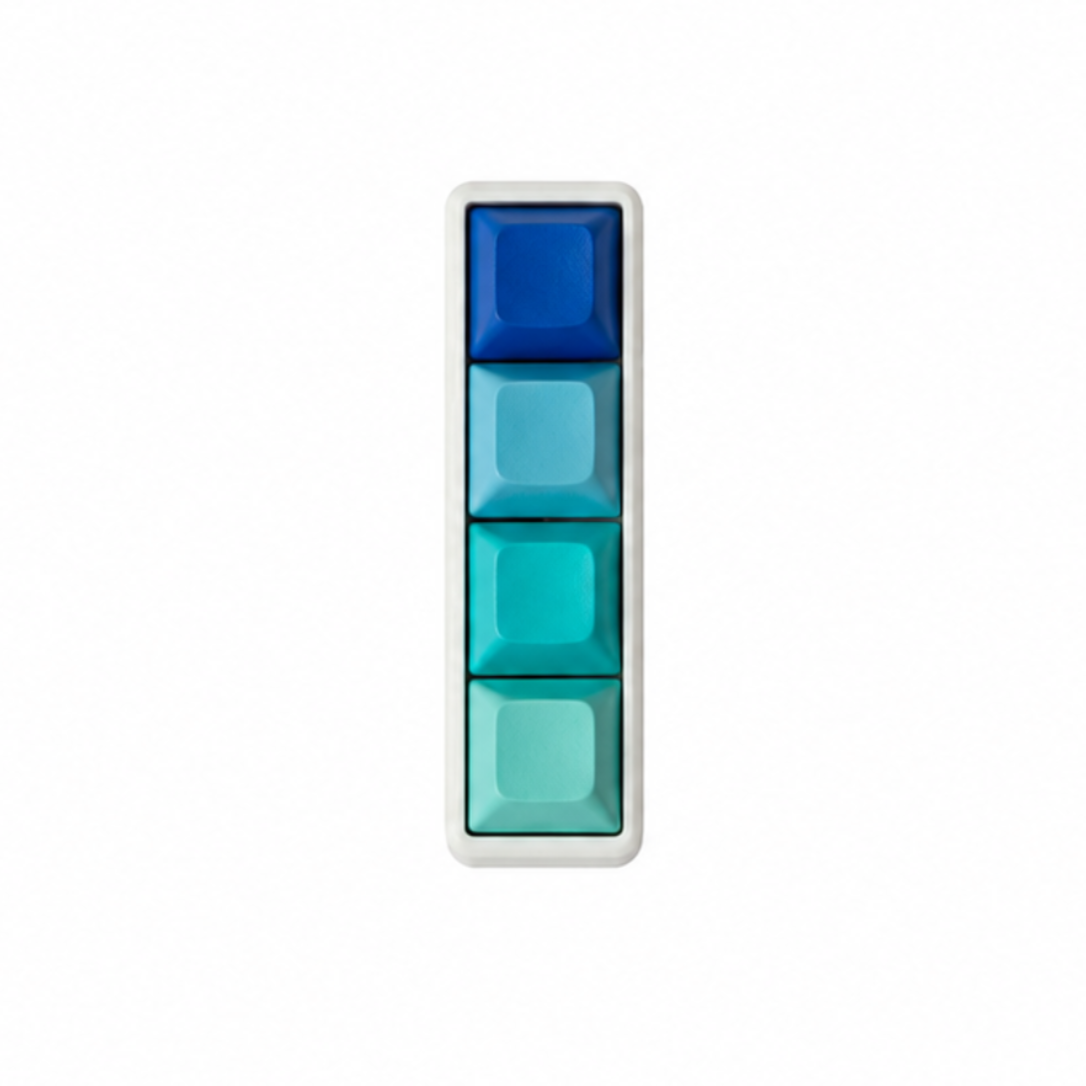 The Classic 4-key bar fidget with dark blue, light blue, lake blue, and cyan keycaps on a white base.