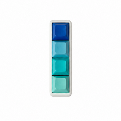 The Classic 4-key bar fidget with dark blue, light blue, lake blue, and cyan keycaps on a white base.