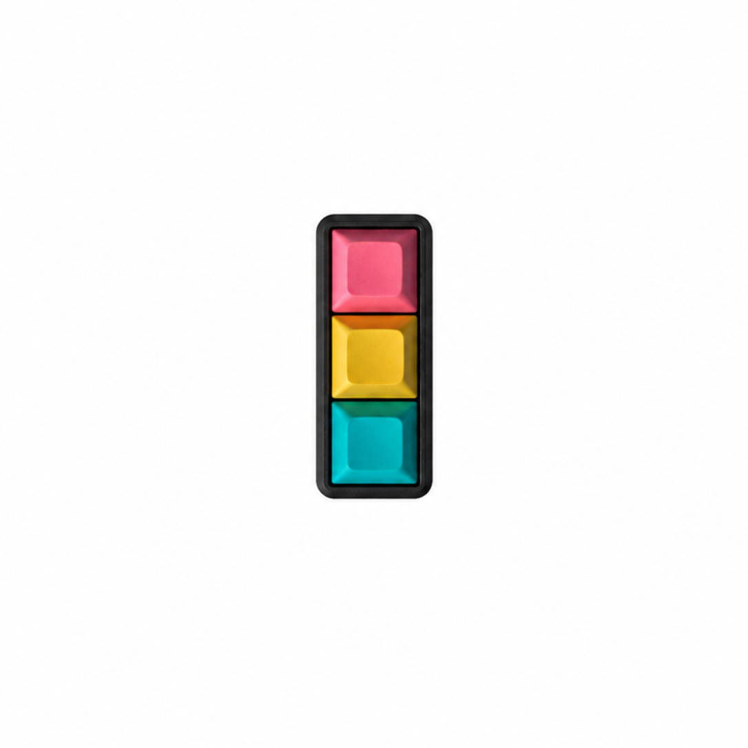 The Mini 3-key fidget in Electric Splash, with pink, yellow, and lake blue keycaps and a black base.