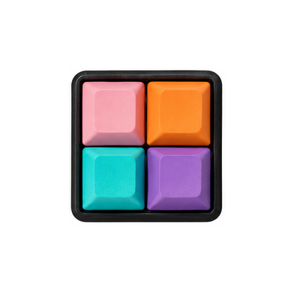 The Pocket 4-key square fidget with pink, orange, blue, and purple keycaps on a black base.