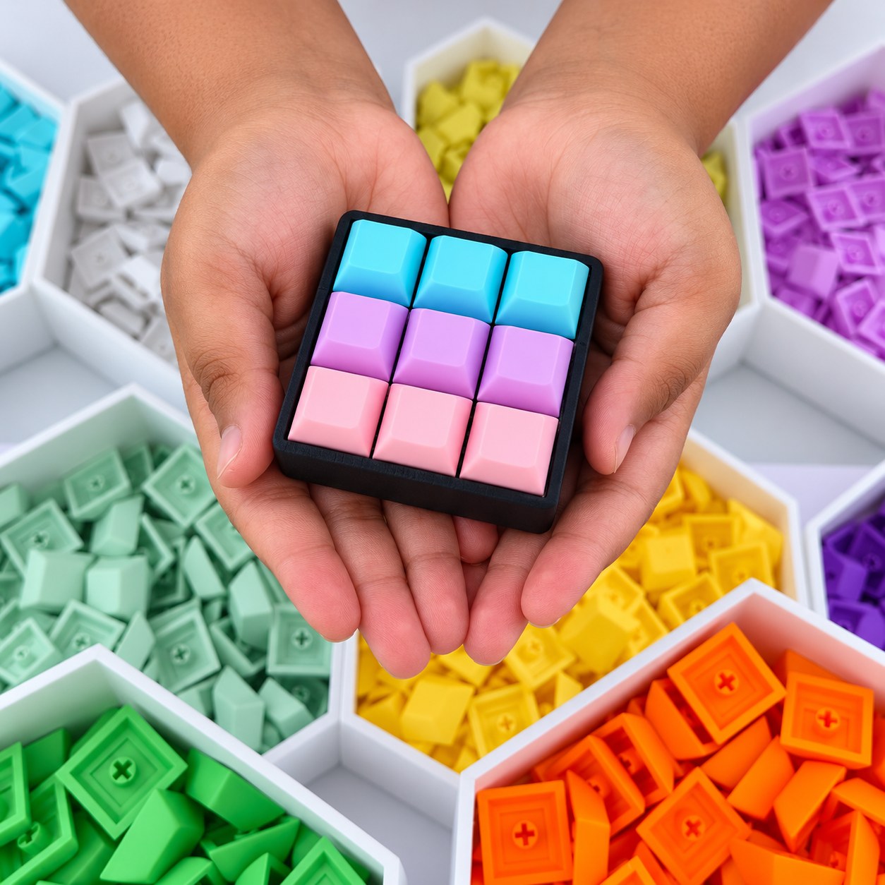 Hands holding a customized nine-key fidget above colorful keycaps